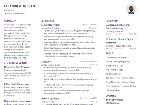 Copywriter CV template example, created with WhizCV