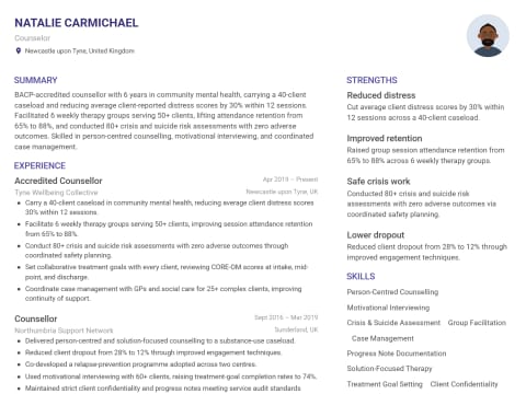Counselor CV template example, created with WhizCV
