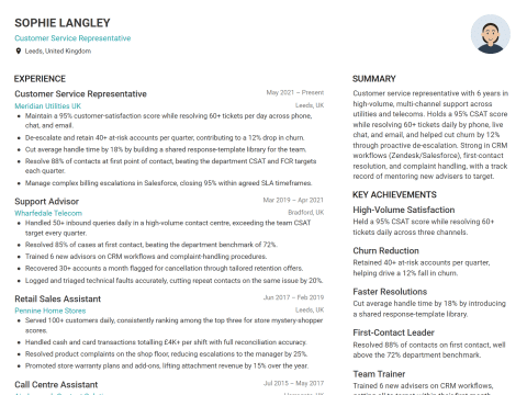 Customer Service Representative CV template example, created with WhizCV