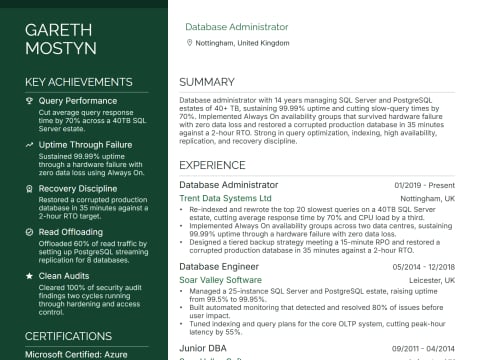 Database Administrator CV template example, created with WhizCV