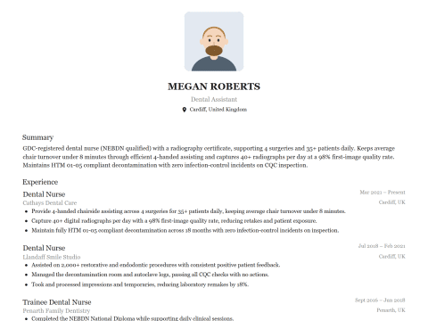 Dental Assistant CV template example, created with WhizCV