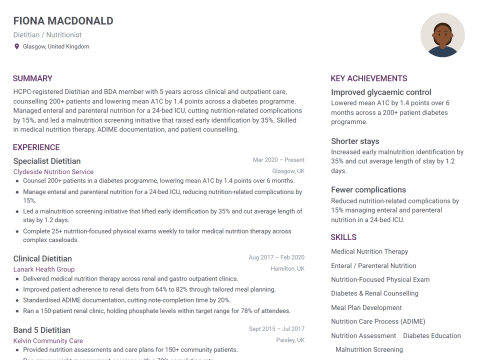 Dietitian / Nutritionist CV template example, created with WhizCV
