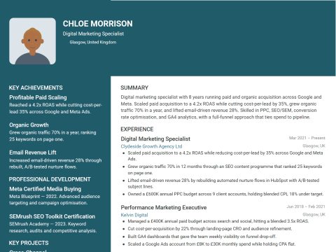 Digital Marketing Specialist CV template example, created with WhizCV