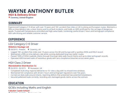 HGV & Delivery Driver CV template example, created with WhizCV