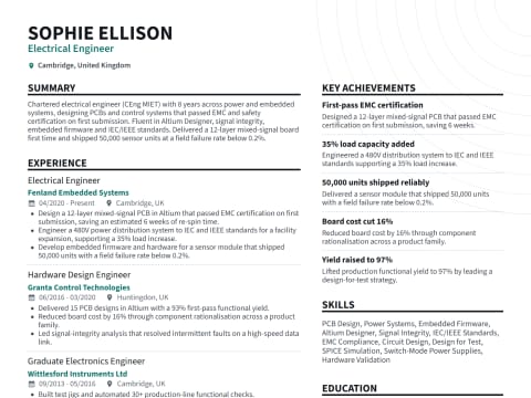 Electrical Engineer CV template example, created with WhizCV
