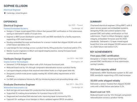 Electrical Engineer CV template example, created with WhizCV