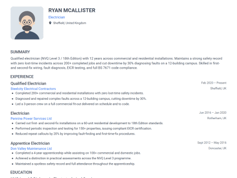 Electrician CV template example, created with WhizCV