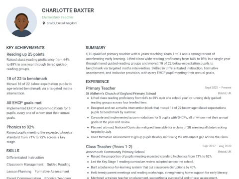 Elementary Teacher CV template example, created with WhizCV