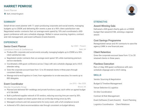 Event Planner CV template example, created with WhizCV