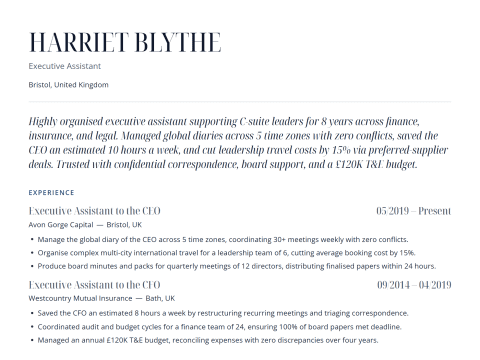 Executive Assistant CV template example, created with WhizCV