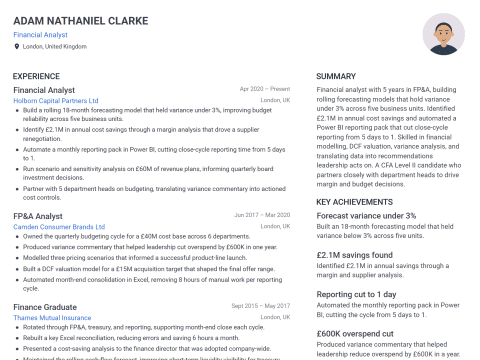 Financial Analyst CV template example, created with WhizCV