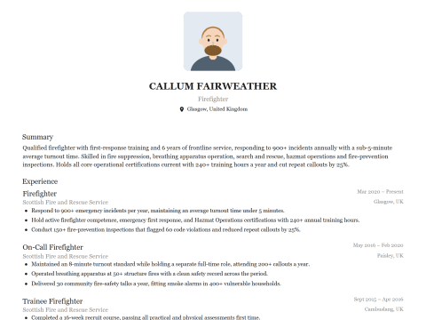 Firefighter CV template example, created with WhizCV