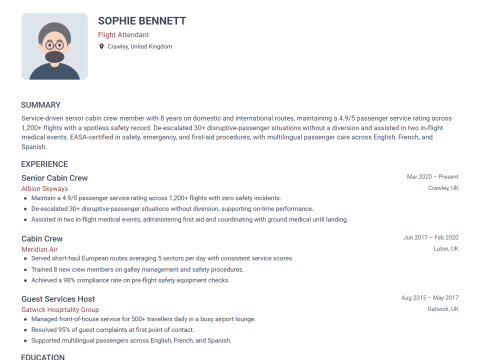 Flight Attendant CV template example, created with WhizCV