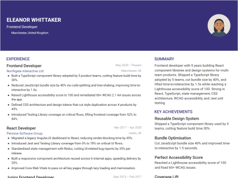 Frontend Developer CV template example, created with WhizCV