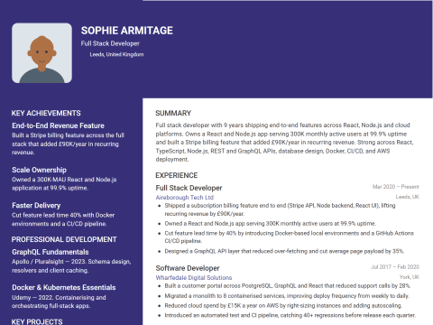 Full Stack Developer CV template example, created with WhizCV