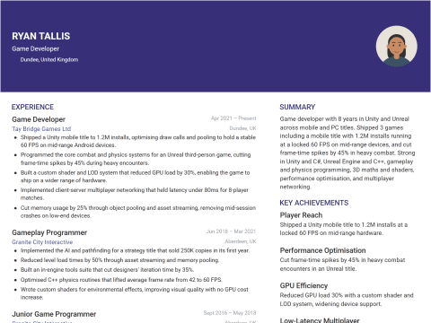 Game Developer CV template example, created with WhizCV