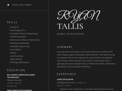 Game Developer CV template example, created with WhizCV
