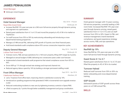 Hotel Manager CV template example, created with WhizCV
