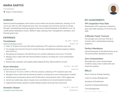 Housekeeper CV template example, created with WhizCV
