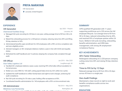 HR Generalist CV template example, created with WhizCV