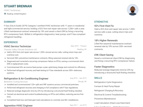 HVAC Technician CV template example, created with WhizCV