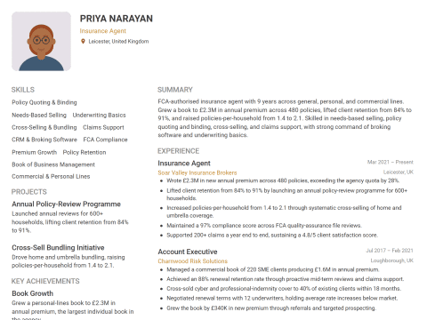 Insurance Agent CV template example, created with WhizCV