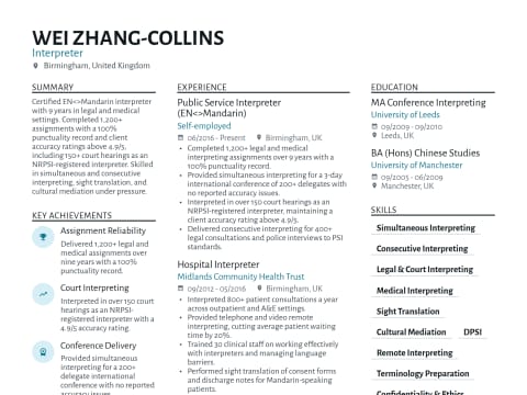 Interpreter CV template example, created with WhizCV