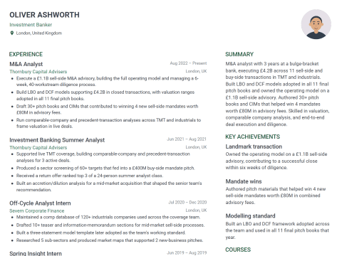 Investment Banker CV template example, created with WhizCV