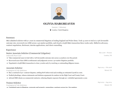 Lawyer / Attorney CV template example, created with WhizCV