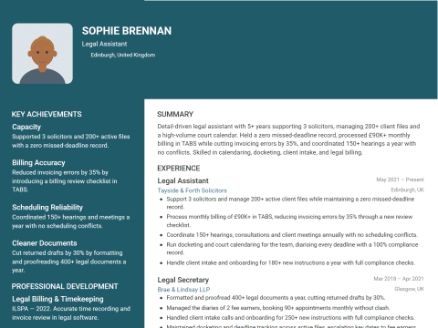 Legal Assistant CV template example, created with WhizCV