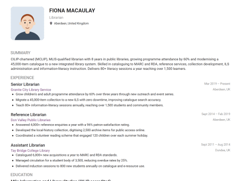 Librarian CV template example, created with WhizCV