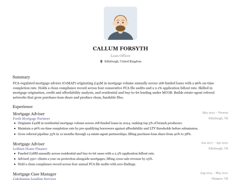 Loan Officer CV template example, created with WhizCV
