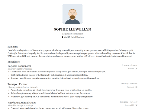 Logistics Coordinator CV template example, created with WhizCV