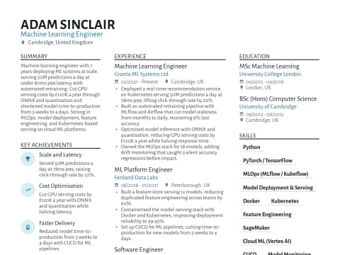 Machine Learning Engineer CV template example, created with WhizCV