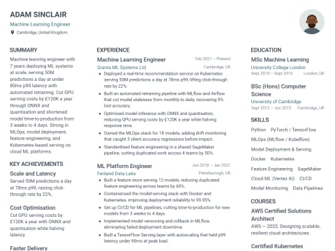 Machine Learning Engineer CV template example, created with WhizCV