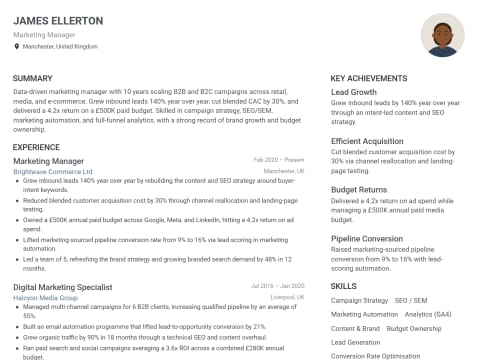 Marketing Manager CV template example, created with WhizCV