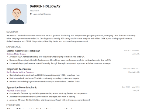 Mechanic CV template example, created with WhizCV