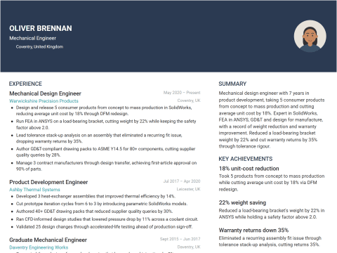 Mechanical Engineer CV template example, created with WhizCV