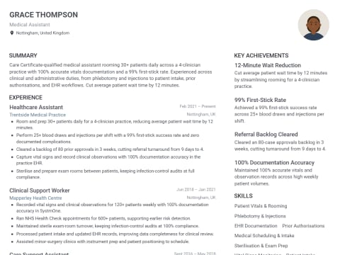 Medical Assistant CV template example, created with WhizCV
