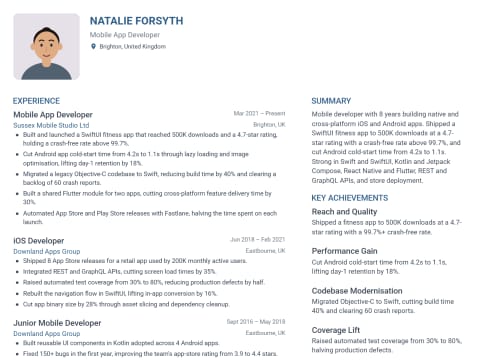 Mobile App Developer CV template example, created with WhizCV