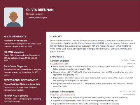 Network Engineer CV template example, created with WhizCV