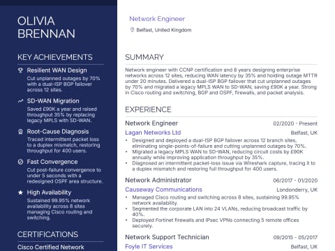 Network Engineer CV template example, created with WhizCV