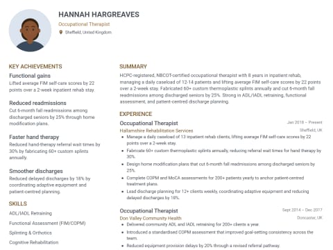Occupational Therapist CV template example, created with WhizCV