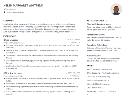 Office Manager CV template example, created with WhizCV