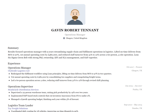 Operations Manager CV template example, created with WhizCV