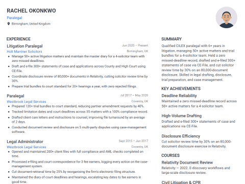 Paralegal CV template example, created with WhizCV