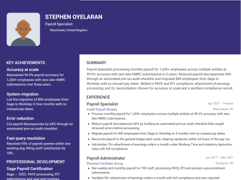 Payroll Specialist CV template example, created with WhizCV