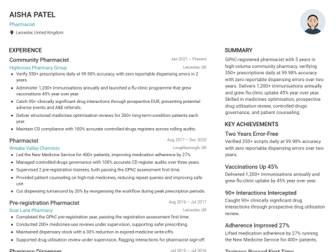 Pharmacist CV template example, created with WhizCV