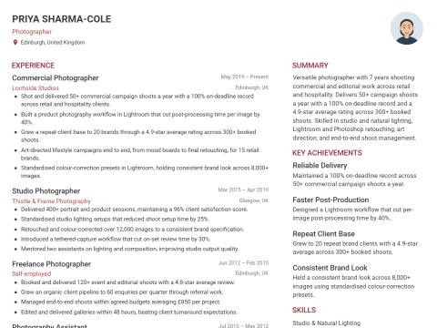 Photographer CV template example, created with WhizCV