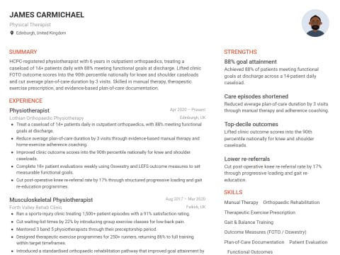 Physical Therapist CV template example, created with WhizCV